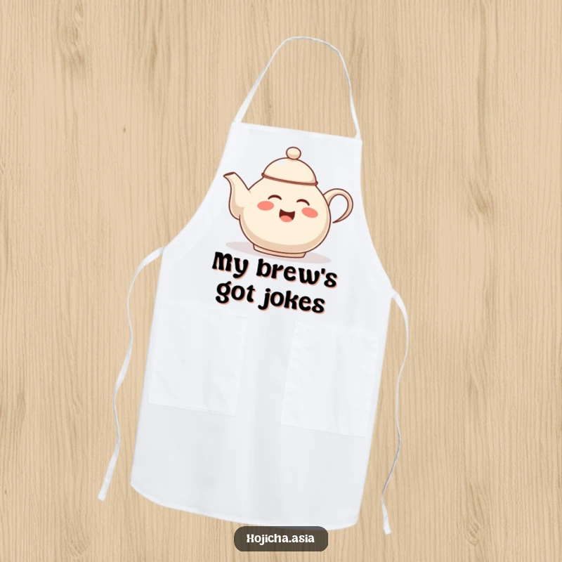 Funny hojicha teapot apron, giggling and tipping lid, protecting against spills with a humorous tea-making theme.