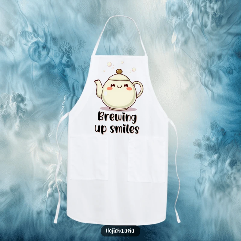 Funny hojicha teapot apron with a grinning spout pouring bubbles, perfect for cheerful culinary fun.