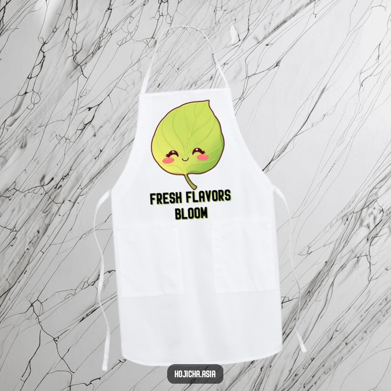 Funny kitchen apron featuring a smiling hojicha leaf with gentle, curious eyes, inspired by nature.