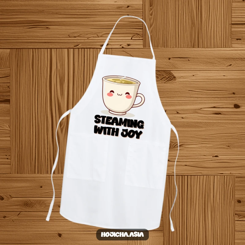 Funny kitchen apron with a steaming hojicha cup wearing a cute, happy smile, adding cheer to cooking.