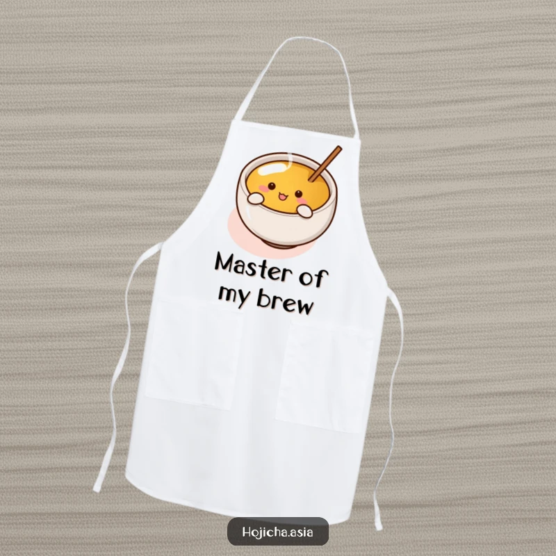 Funny hojicha cup with tiny arms enthusiastically stirring tea, featured on a practical and humorous kitchen apron.