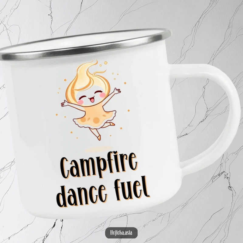 Funny hojicha latte art camping mug featuring a joyful swirl pirouetting, ideal for elegant outdoor enjoyment.