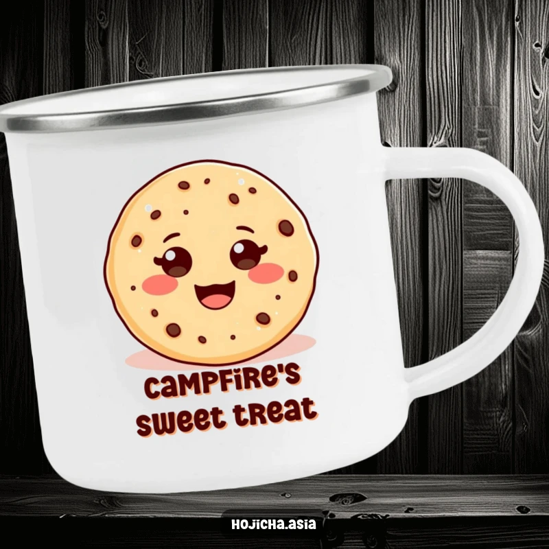 Funny enamel camping mug featuring an adorable hojicha cookie with a beaming, wide smile, for sweet outdoor moments.