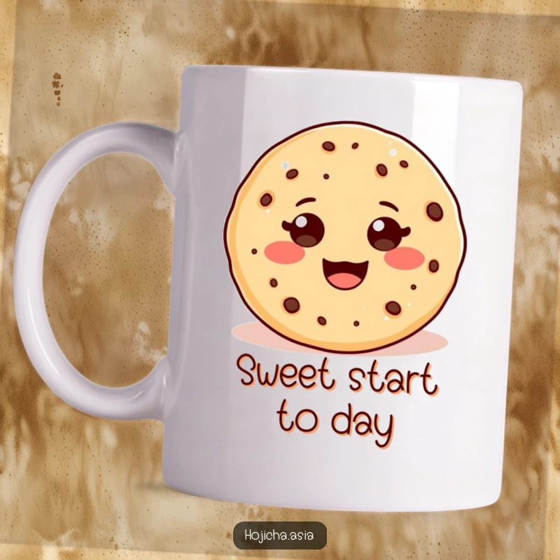 Funny hojicha cookie mug with a beaming, wide smile and adorable eyes, radiating pure sweetness and joy.