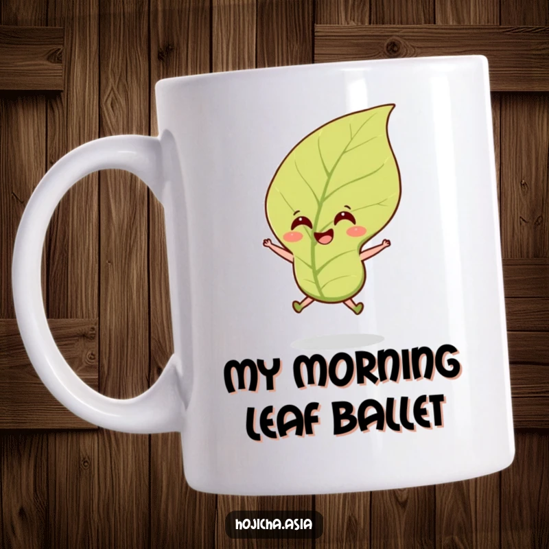 Funny hojicha tea leaf mug with a smiling leaf joyfully jumping in a gentle breeze, perfect for tea enthusiasts.