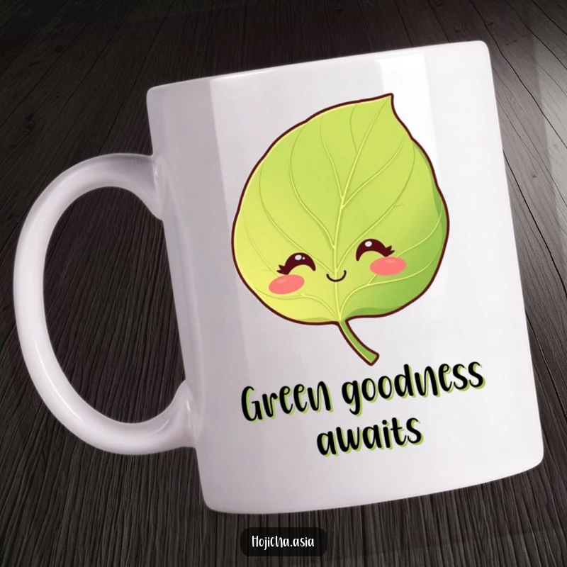 Funny hojicha leaf mug with gentle, curious eyes and a sweet smile, embodying natural, calm vibes.