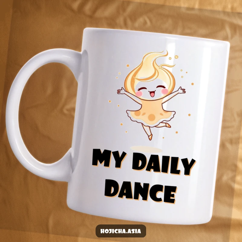 Funny hojicha latte art mug featuring a joyful swirl performing a ballet pirouette, symbolizing elegant delight.