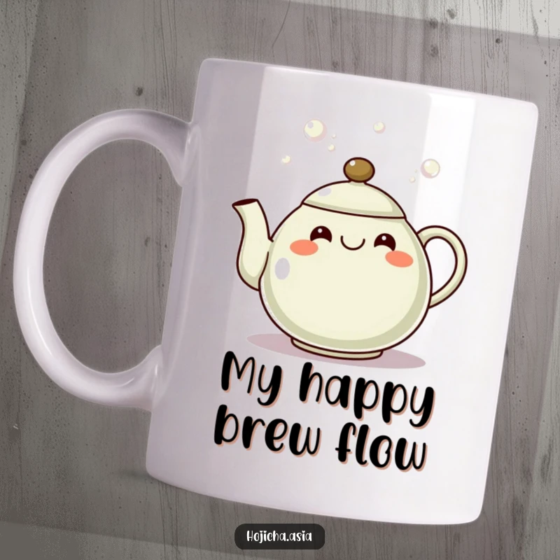 Funny hojicha teapot mug with a grinning spout pouring bubbles, symbolizing cheerful tea time.