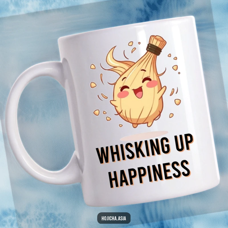 Funny hojicha whisk mug captured mid-spin, radiating chaotic joy and happiness, perfect for tea enthusiasts.
