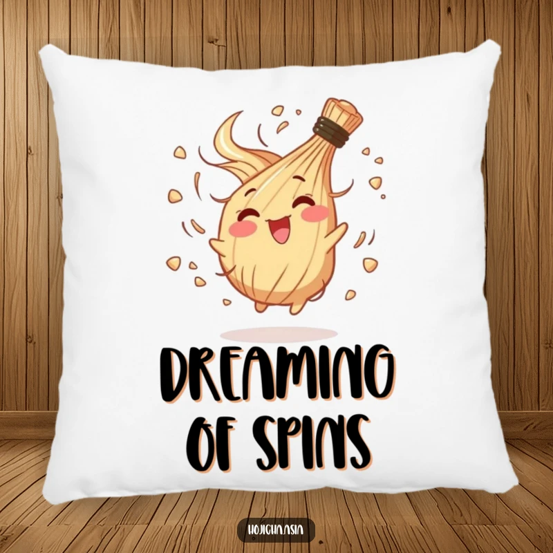 Funny decorative pillow with a happy hojicha whisk in a chaotic, joyful spin, perfect for energetic comfort.