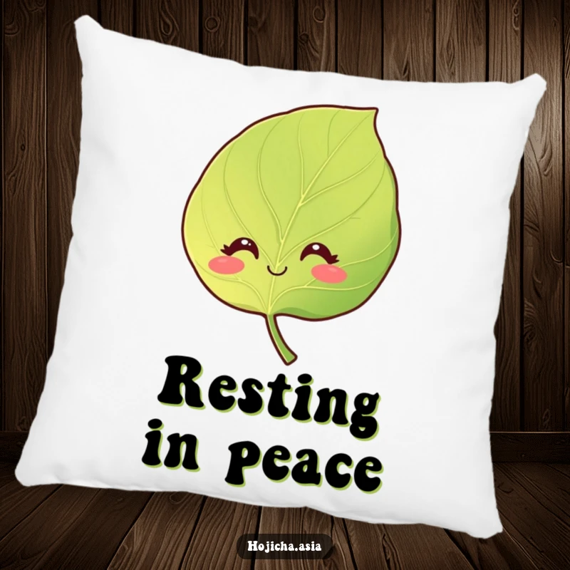 Funny decorative pillow with a smiling hojicha leaf and gentle, curious eyes, perfect for cozy relaxation.