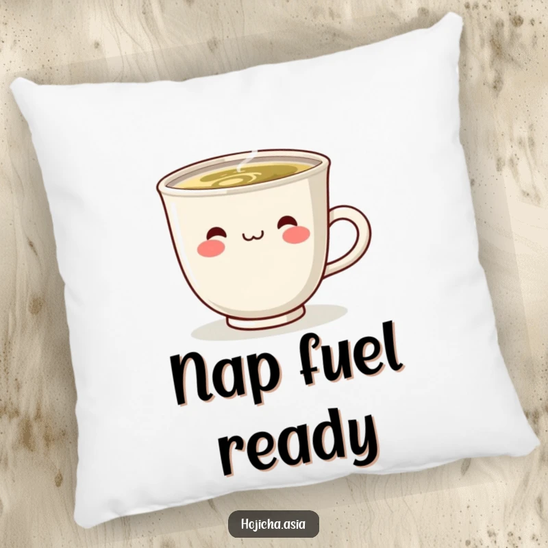 Funny decorative pillow featuring a cute, steaming hojicha cup with a beaming smile, perfect for cozy settings.