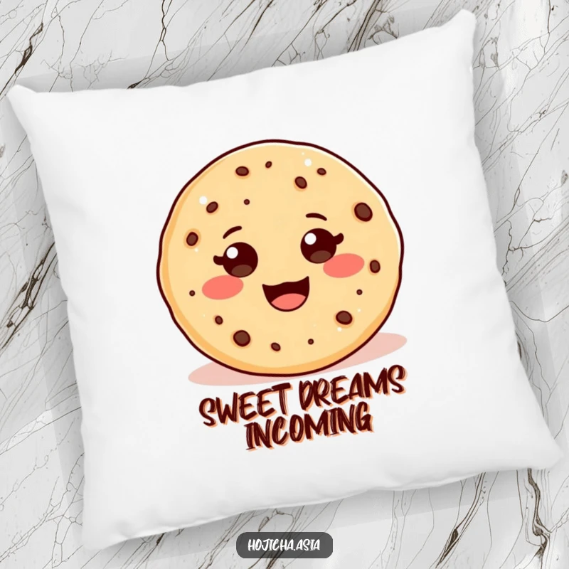 Funny decorative pillow with an adorable hojicha cookie and a beaming, wide smile, perfect for cozy spaces.