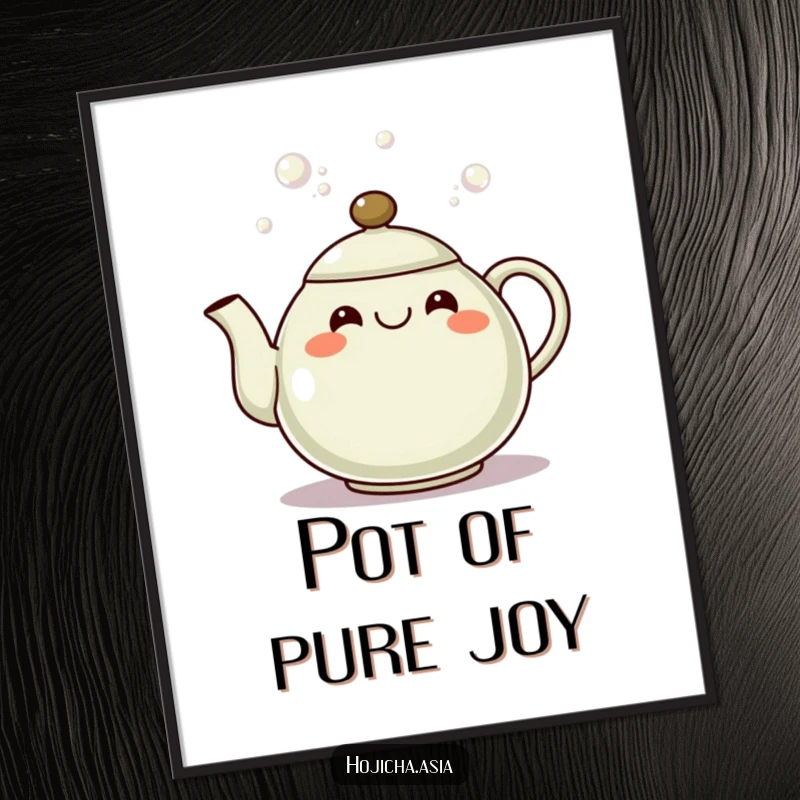 Funny hojicha teapot digital art print of a grinning spout pouring bubbles, instant cheerful decor.