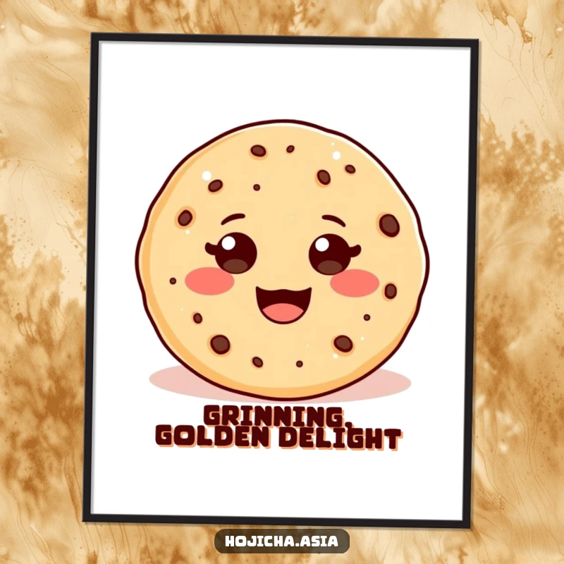 Funny digital art print of an adorable hojicha cookie with a beaming, wide smile, perfect for charming decor.
