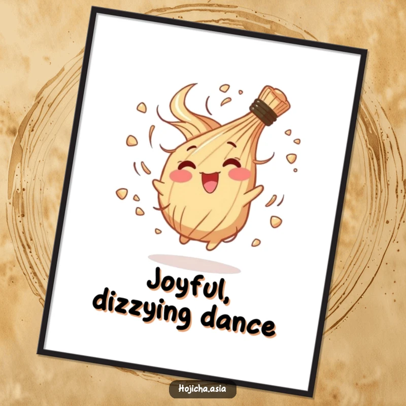 Funny digital art print of a hojicha whisk in a chaotic, joyful spin, perfect for dynamic decor.