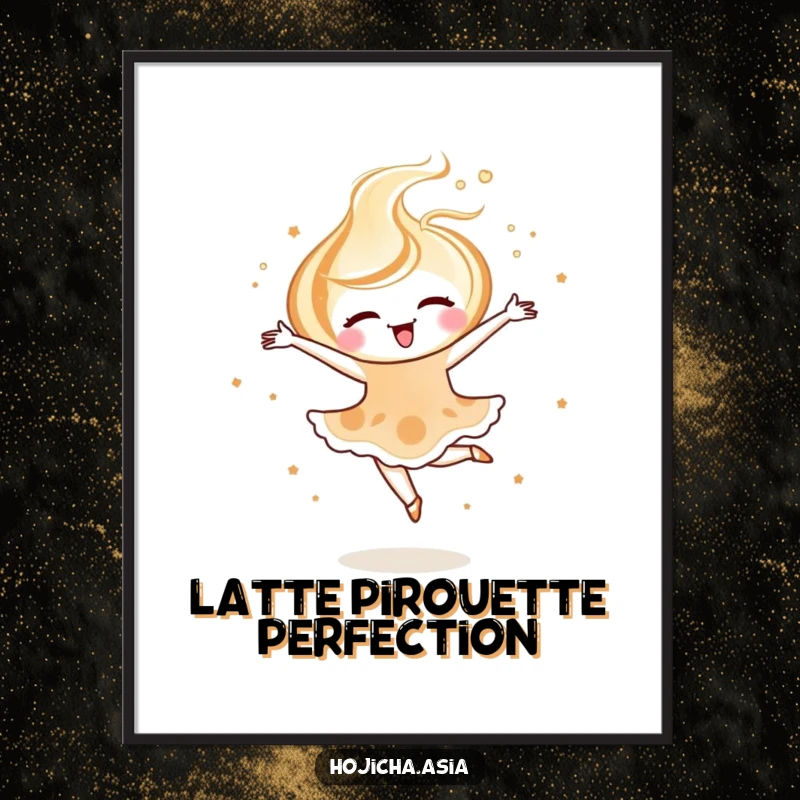 Funny hojicha latte art digital art print of a joyful swirl performing a ballet pirouette, instant elegant decor.
