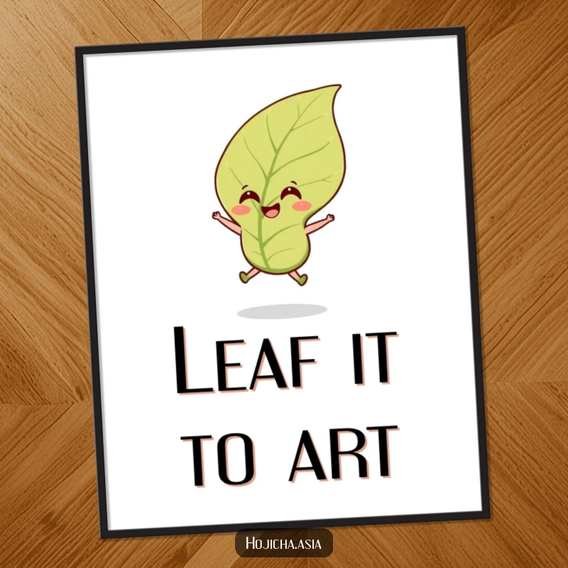 Funny hojicha tea leaf digital art print of a smiling leaf jumping joyfully in a breeze, instant cheerful decor.