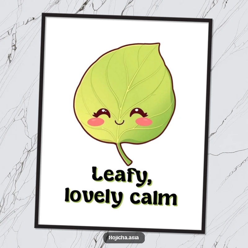 Funny digital art print of a smiling hojicha leaf with gentle, curious eyes, ideal for calming decor.