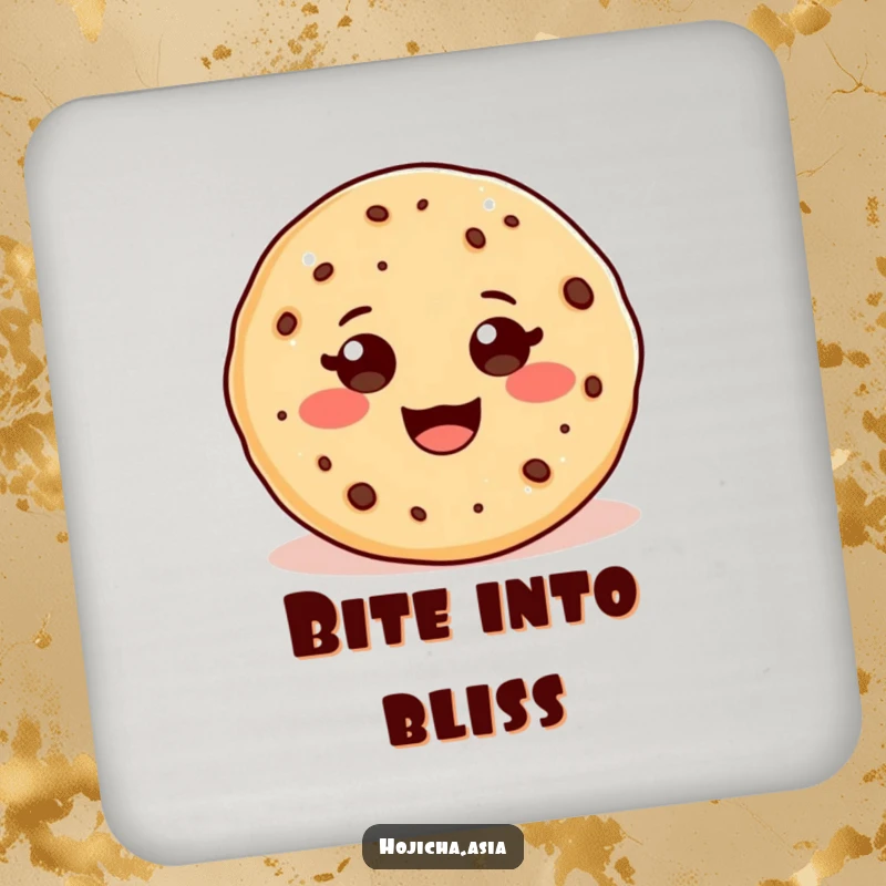 Funny drink coaster with an adorable hojicha cookie and a beaming, wide smile, protecting surfaces sweetly.