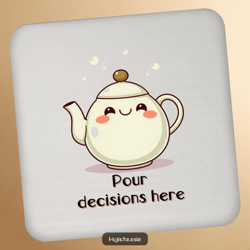 Funny hojicha teapot coaster set with a grinning spout pouring bubbles, adding cheerful flair.