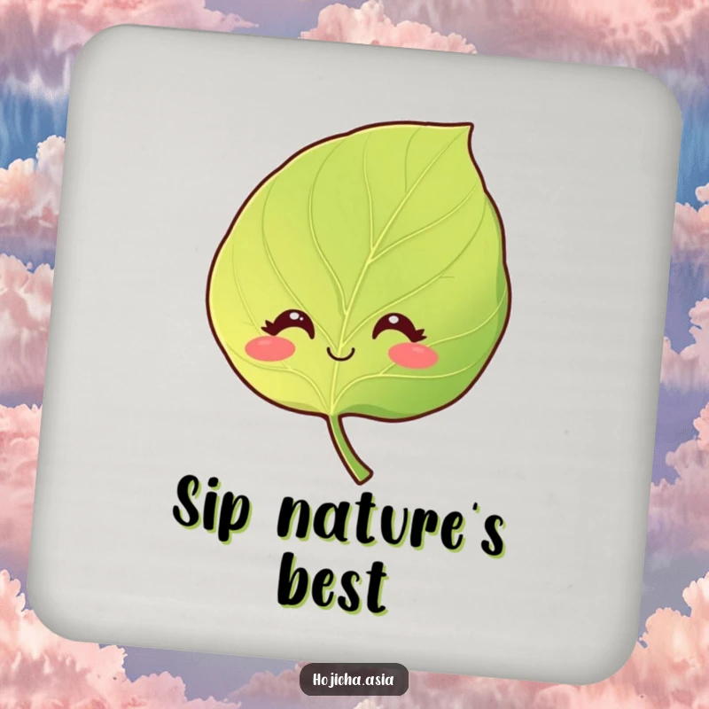 Funny drink coaster with a smiling hojicha leaf, gentle curious eyes, protecting surfaces with natural grace.