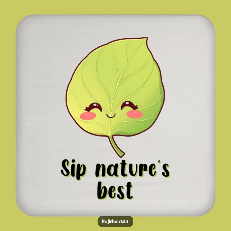 Funny Smiling Hojicha Leaf Coaster - Protect Surfaces Gift