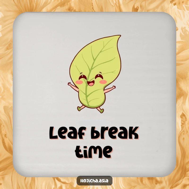 Funny hojicha tea leaf coaster set featuring a joyful jumping leaf in a breeze, adding cheerful flair.