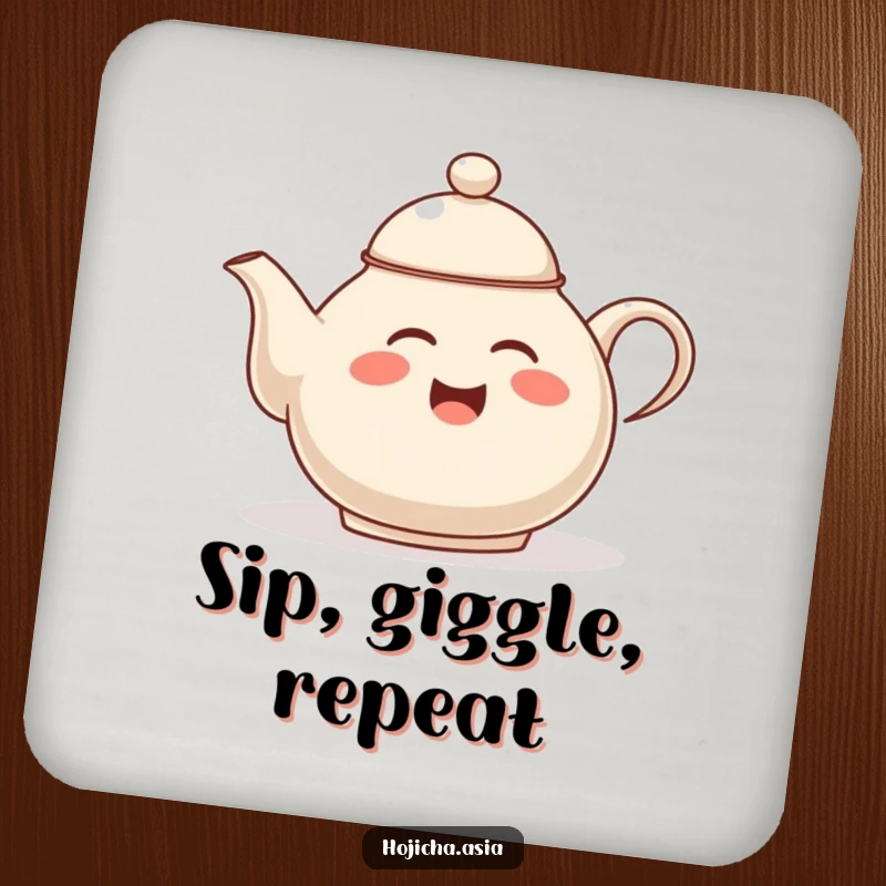 Funny hojicha teapot coaster, giggling and tipping lid, protecting surfaces with a humorous and delightful design.