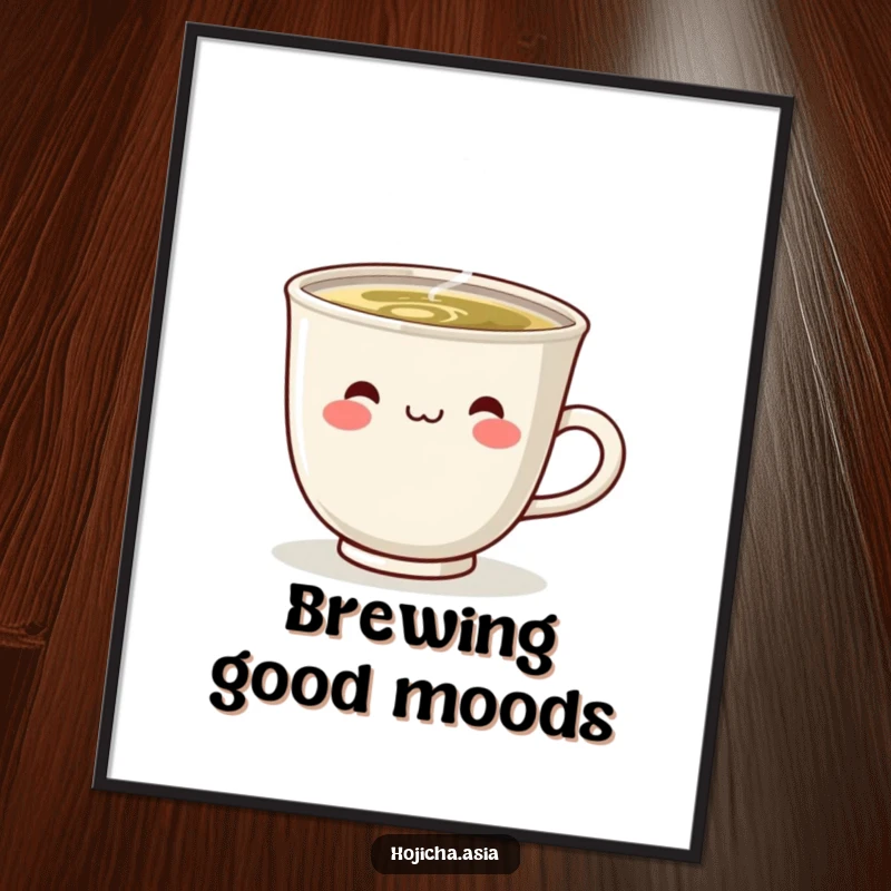 Funny wall art poster of a steaming hojicha cup with an infectious, cute smile, perfect for kitchen decor.