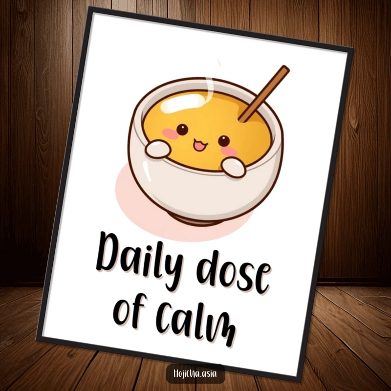 Funny hojicha cup with tiny arms making enthusiastic stirring motions, presented as humorous wall art.