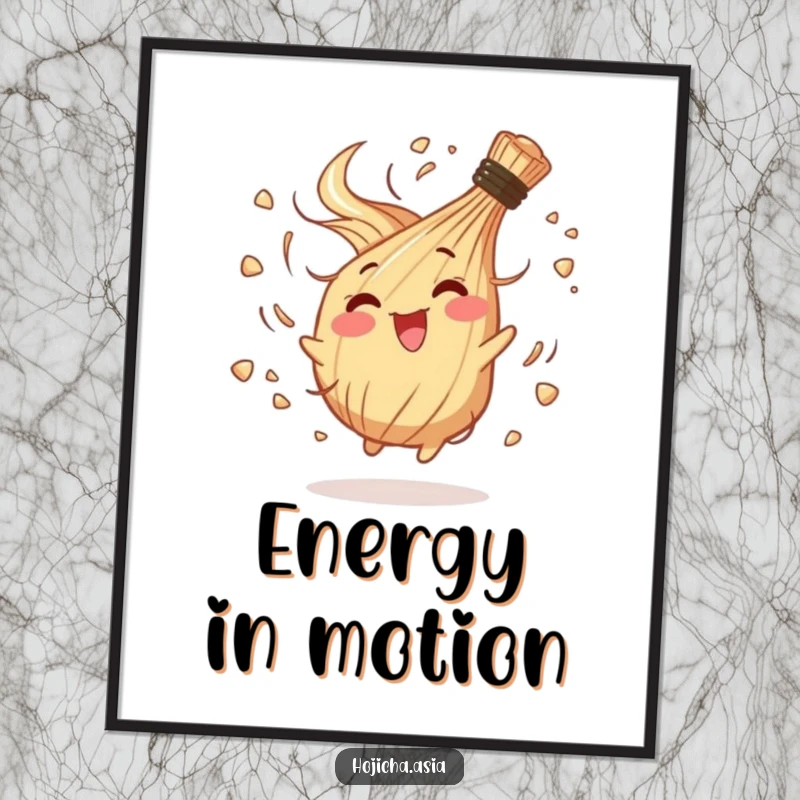 Funny wall art poster of a hojicha whisk in a dynamic, joyful spin, capturing abstract energy.