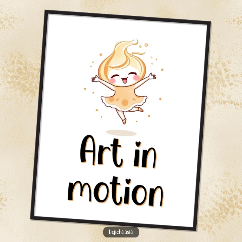Funny hojicha latte art poster showing a joyful swirl performing a delicate ballet pirouette, symbolizing artistic joy.
