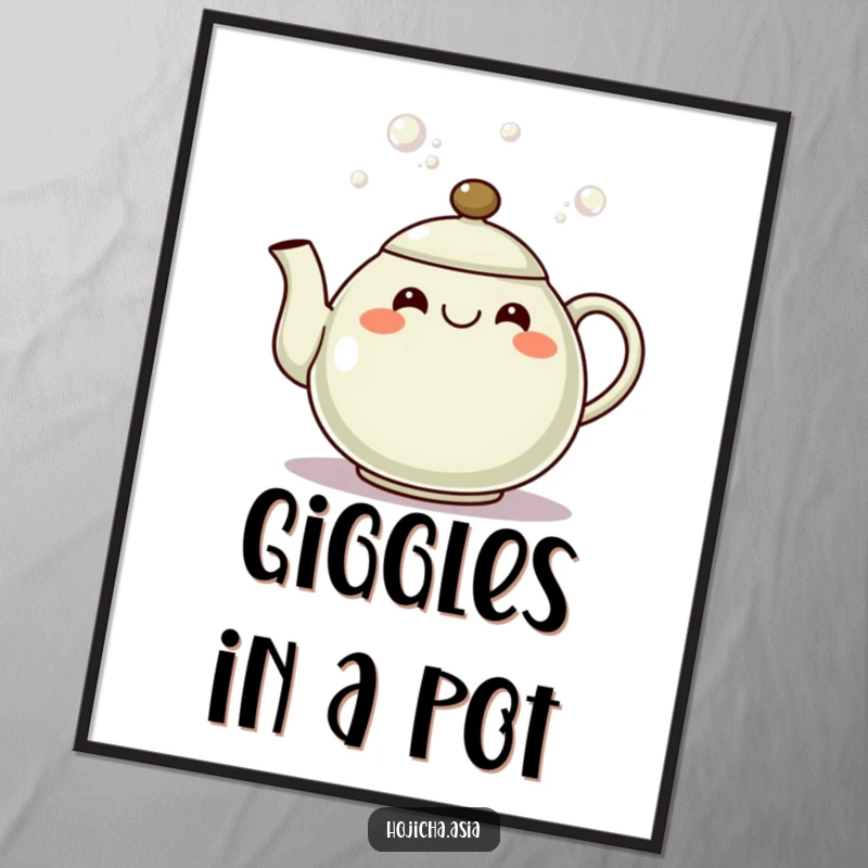 Funny hojicha teapot poster with a smiling, grinning spout pouring bubbles, symbolizing cheerful tea brewing.