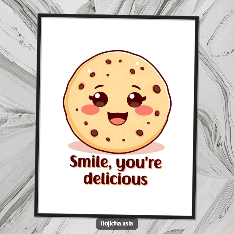 Funny wall art poster of an adorable hojicha cookie with a big, beaming smile, perfect for kitchen decor.