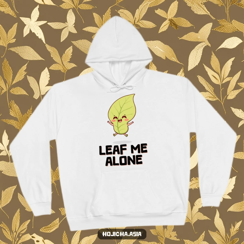 Funny hojicha tea leaf hoodie featuring a smiling leaf leaping happily in the wind, perfect for cozy wear.