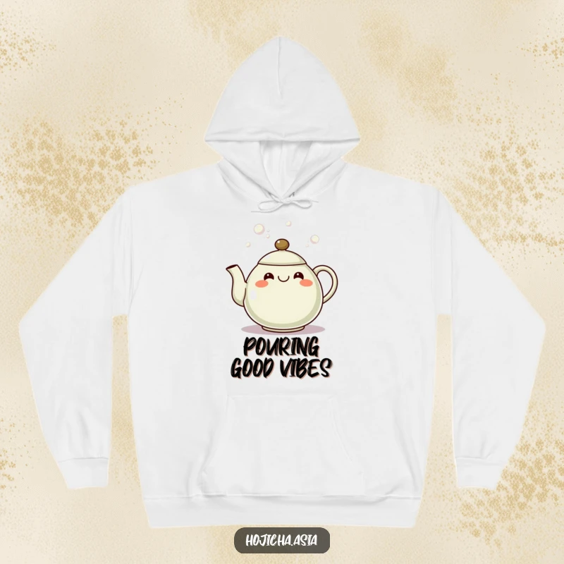 Funny hojicha teapot hoodie with a happy, grinning spout pouring bubbles, perfect for cozy, cheerful wear.