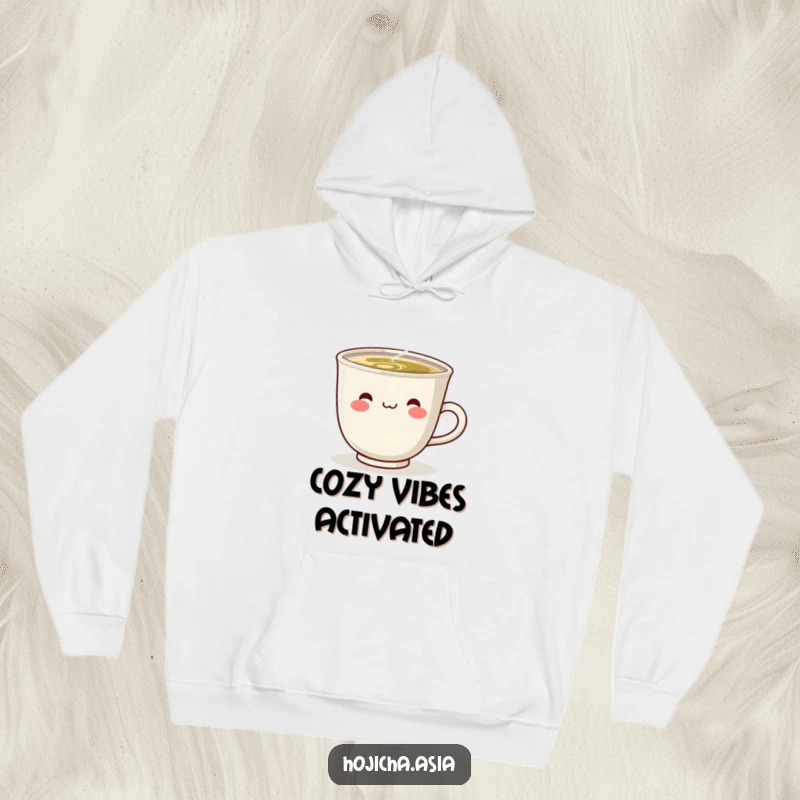 Funny warm hoodie featuring a steaming cute hojicha cup with a cheerful, broad smile, symbolizing comfort.