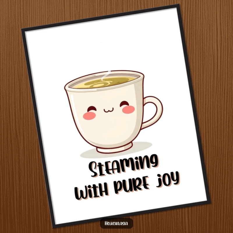 Funny Free Printable Wall Art: A cute, steaming hojicha cup with a delightful smile bringing cozy vibes to decor.