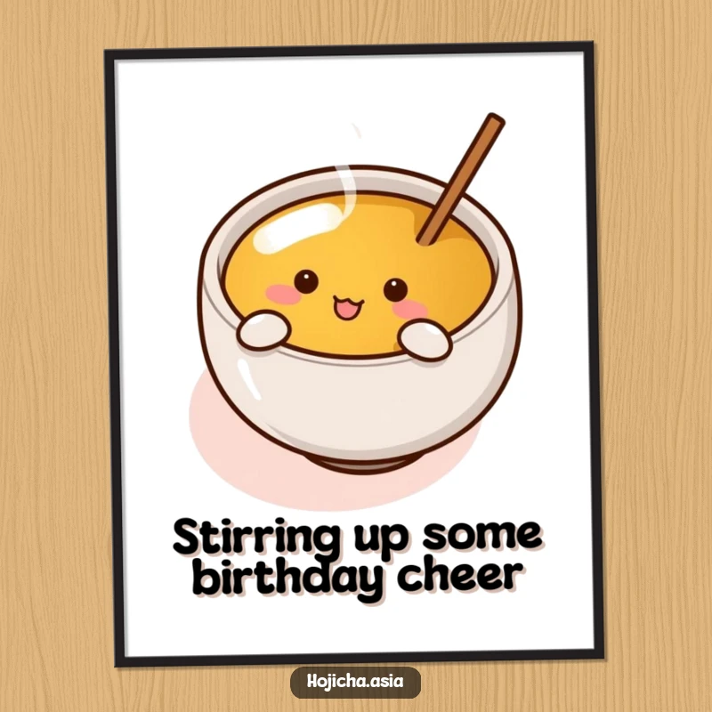 Funny Free Printable Wall Art: A cute, round Hojicha cup with tiny arms enthusiastically stirring tea, a delightful decor piece.