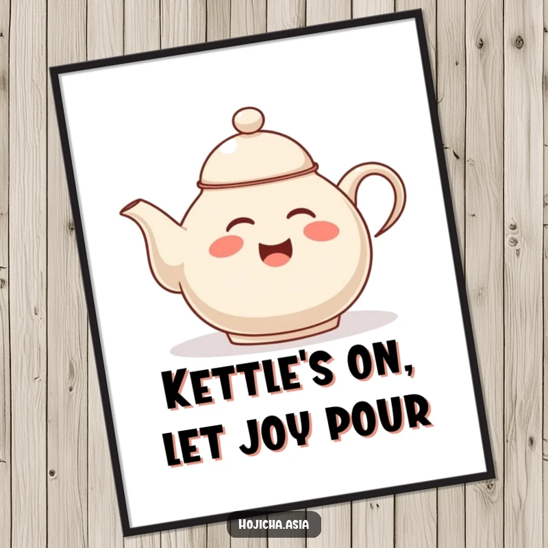 Funny Free Printable Wall Art: A joyful hojicha teapot mid-giggle, tipping its lid in amusement, creating a whimsical vibe.
