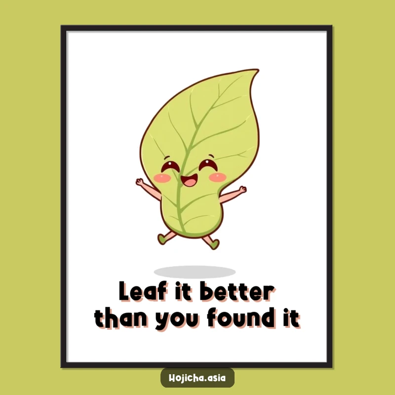 Funny Free Printable Wall Art: Cheerful Hojicha Leaf Jumping in the Breeze