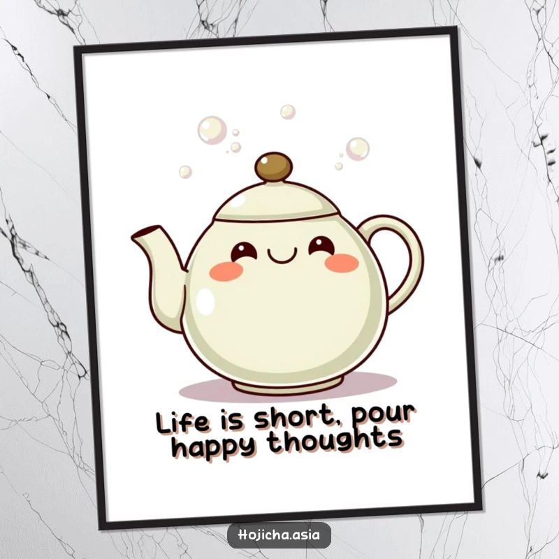 Funny Free Printable Wall Art of a happy hojicha teapot with a wide, infectious grin, pouring out a stream of playful bubbles.