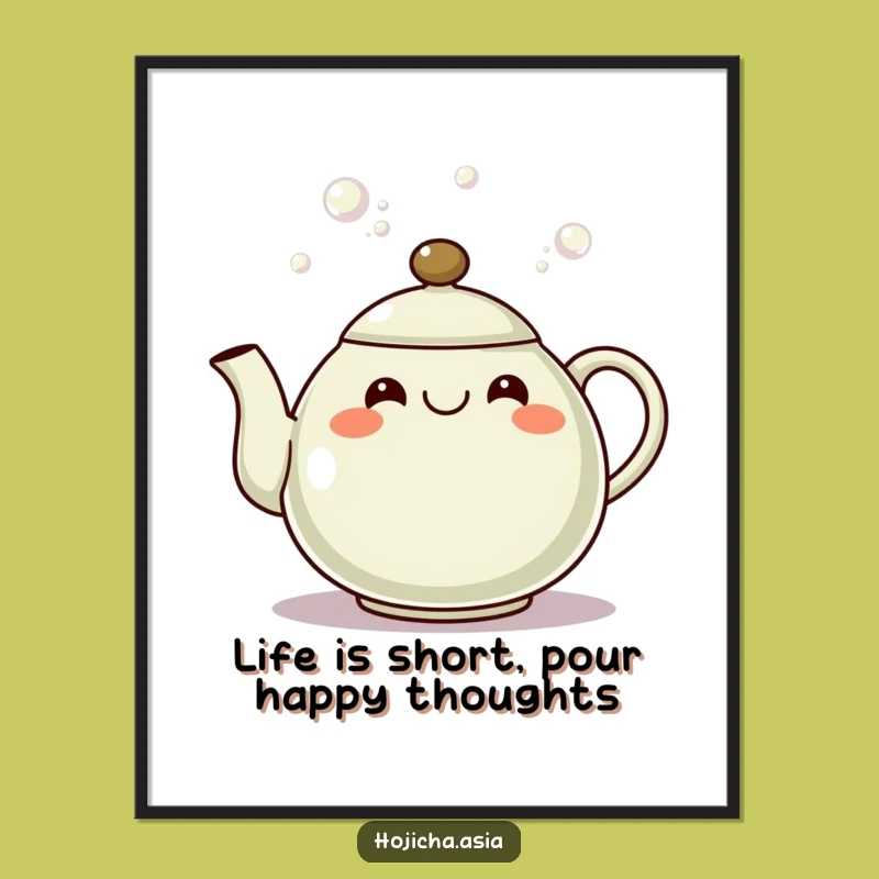 Funny Free Printable Wall Art: Grinning Hojicha Teapot Pouring Bubbles