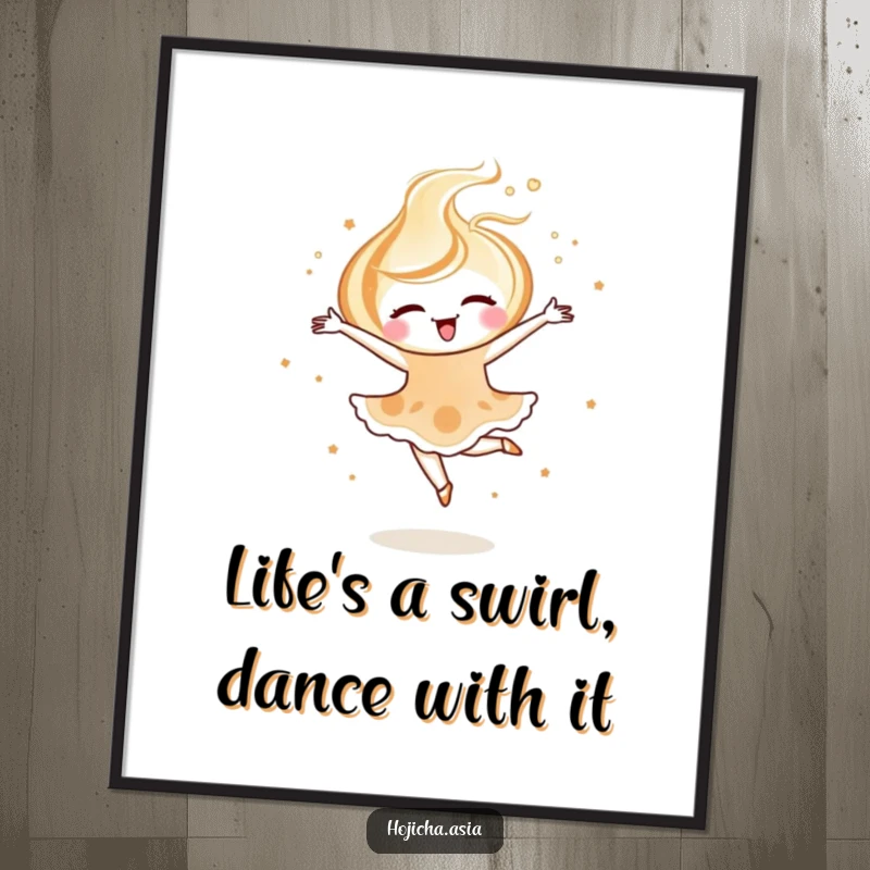 Funny Free Printable Wall Art featuring a joyful hojicha latte art swirl mid-pirouette, showcasing delicate ballet grace.