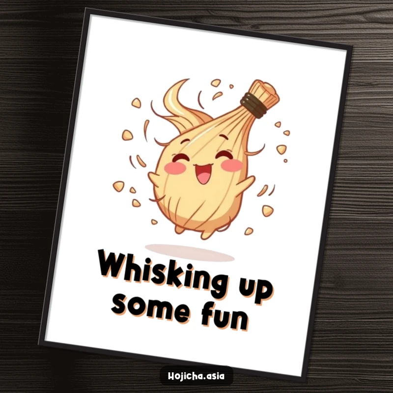 Funny Free Printable Wall Art: A happy hojicha whisk in a chaotic, joyful spin, adding vibrant energy to decor.