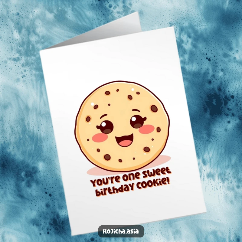 Funny Free Printable Birthday Card: An adorable hojicha cookie with a beaming, wide smile wishing a happy birthday.