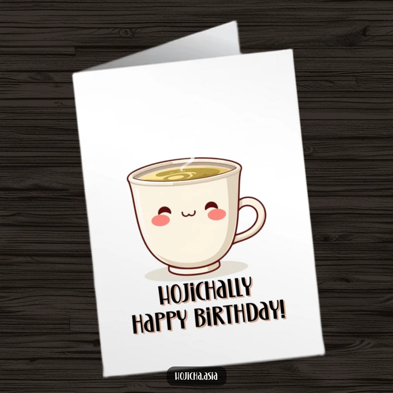 Funny Free Printable Birthday Card: A cute, steaming hojicha cup with a big, delightful smile, wishing a happy birthday.
