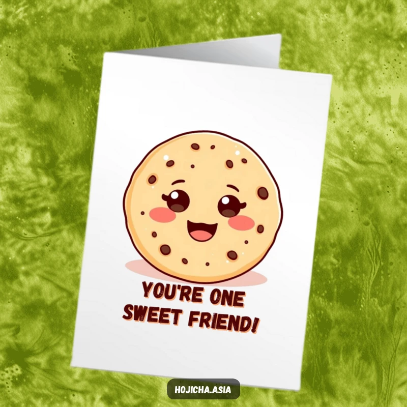 Funny Free Printable Thank You Card: An adorable hojicha cookie with a beaming, wide smile sending sweet thanks.