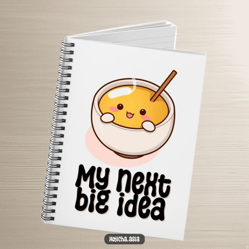 Funny hojicha cup with tiny arms enthusiastically stirring tea, adorning the cover of this humorous notebook.
